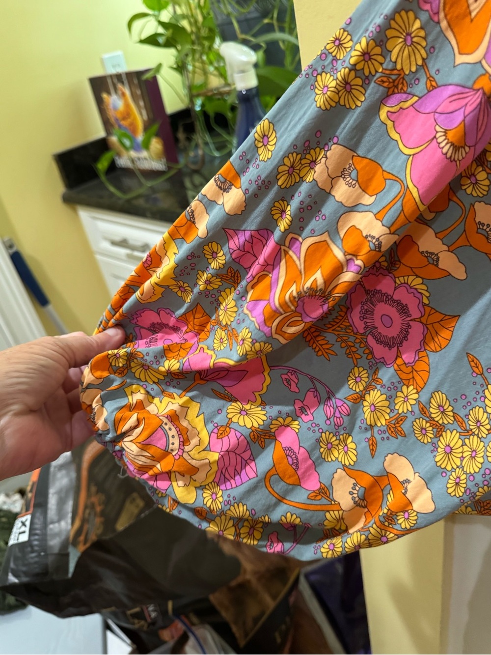 Floral Tie-Front Peasant Romper in Gray, Pink & Orange - Picture 4 of 9